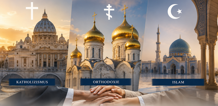 Kolaž slika u horizontalnom formatu prikazuje tri oblasti povezane s katolicizmom, pravoslavljem i islamom, uz tipične sakralne građevine i simbole. U prvom planu nekoliko ruku položeno je jedna preko druge kao znak poštovanja, razumevanja i mira među religijama.